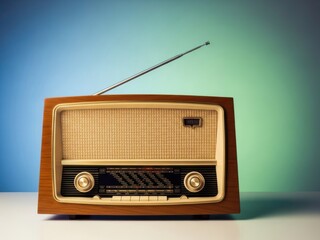 Obraz premium Retro radio on white surface with blue green background gradient