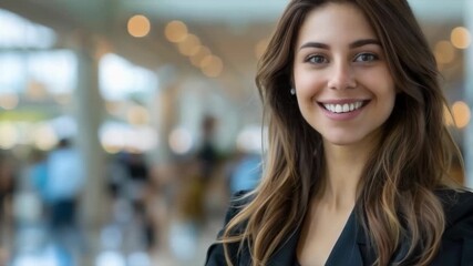 A smiling girl in a business suit at a light-hearted event embodies professionalism and friendliness, which is perfect for the main background of a presentation on corporate culture or an advertising 