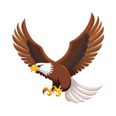 Fototapeta premium A bald eagle vector illustration in flight across the sky with a red ribbon, featuring a majestic wild bird mascot design with powerful wings and a sharp beak as a symbol of nature and freedom