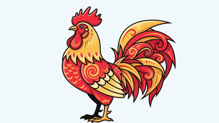 A stylized illustration of a rooster with vibrant red and yellow ornamental feathers. © Luqman