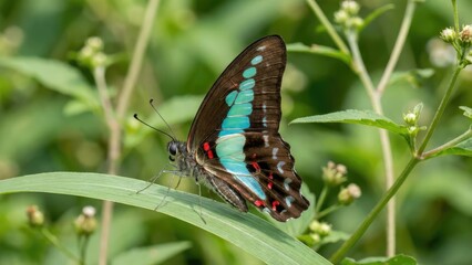 A vibrant blue butterfly with brown and red accents rests on a green leaf amidst lush greenery.