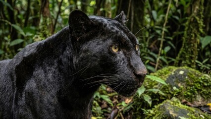 A majestic black panther stands amidst lush, green foliage in a dense forest setting. The panther's striking yellow eyes are focused intently, showcasing its powerful and stealthy nature.