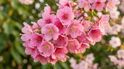 A close-up view of a cluster of vibrant pink blossoms in full bloom, set against a lush green background. The flowers are the focal point, showcasing their delicate petals and central yellow stamens.