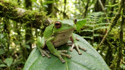 A vibrant green tree frog sits confidently on a large green leaf in a lush, verdant forest setting. 