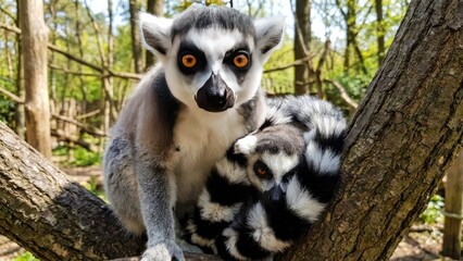 A ring-tailed lemur mother is perched on a tree branch with her baby, both displaying their distinctive black and white fur patterns.