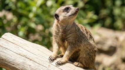 A meerkat is perched on a wooden log, looking alert and curious. The background features lush greenery, suggesting a natural habitat or zoo environment.