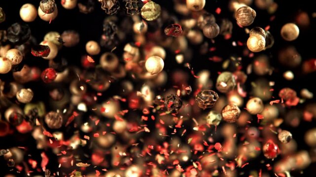 Super slow motion peppercorn . Filmed on a high-speed camera at 1000 fps. High quality FullHD footage