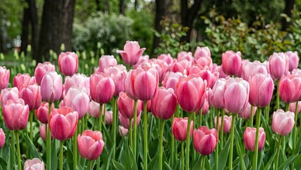 A lush field filled with blooming pink tulips, surrounded by greenery and trees in the background.