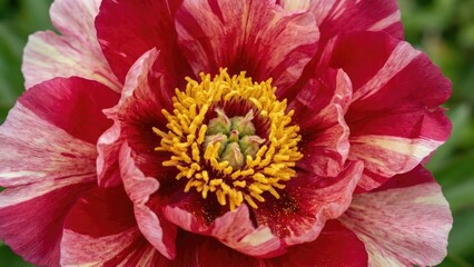 A close-up photograph of a stunning red and yellow flower in full bloom, showcasing its intricate petals and central yellow stamen. 