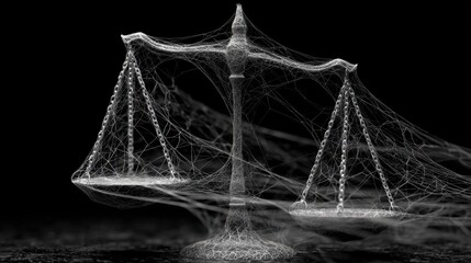 Abstract representation of justice with intricate web-like scales symbolizing balance and fairness in a spiritual context
