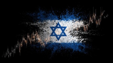 Israel flag abstract design blended with stock market trend lines in dark background highlighting finance theme