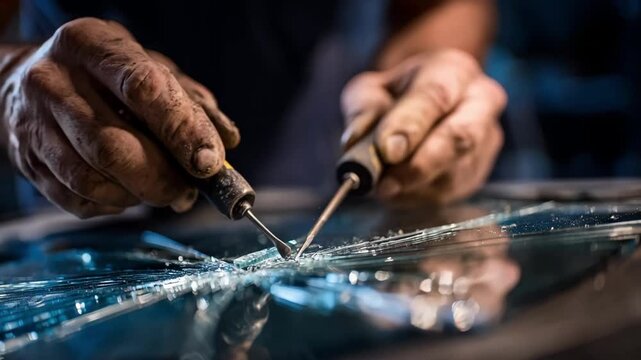 Medium shot showing hands using specialized tools to fill a pressureinduced crack on a car windshield minimizing stress fractures.