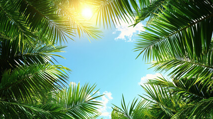 Fototapeta premium Palm fronds surround bright sunlight against a cloud flecked blue sky creating a natural frame for warm sunny tropical weather and summer travel themes.