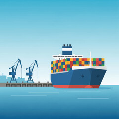 Fototapeta premium Vector illustration of a large container ship docked at a commercial seaport with cranes.