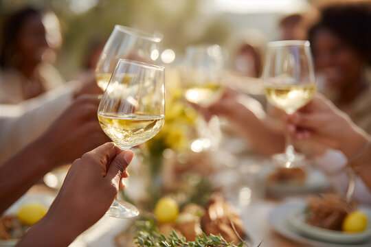 People toasting with white wine glasses. Spring celebration for Easter holiday. Restaurant dinner or outdoor party on a sunny day.