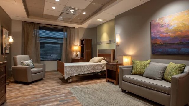 Warm inviting respite room combining natural textures and ambient lighting to create a peaceful sanctuary for shortterm care.