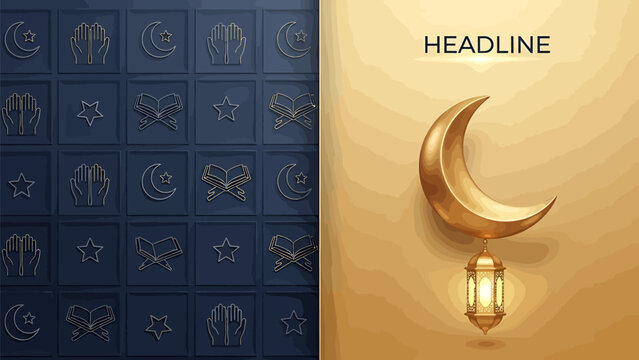 Elegant crescent moon and lantern on warm background with Islamic symbols