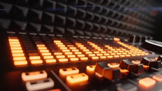 Close up view of audio mixing console with glowing lights in a soundproof studio environment