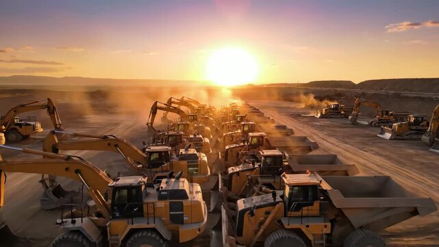 A wide aerial drone shot flying over heavy earthmoving machinery neatly parked in a dusty construction yard at sunrise wide shot, jobsite, excavation