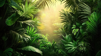 Lush green tropical rainforest canopy with sunlight streaming through dense foliage creates a vibrant and enchanting natural environment for exploration and discovery.