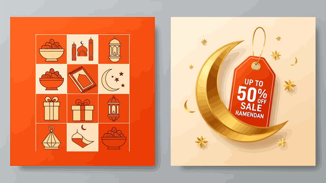 Ramadan sale promotion with gold crescent moon and Islamic icons