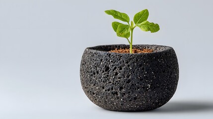 Small green seedling growing in a dark porous stone pot stands isolated against a clean white background symbolizing growth and botany.