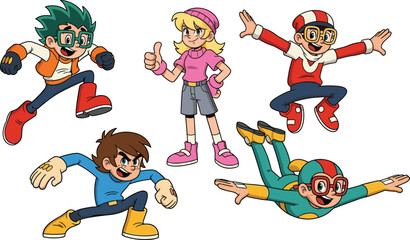 Energetic cartoon kids characters set, superhero boys and girl in action poses, colorful adventure illustration isolated on white background