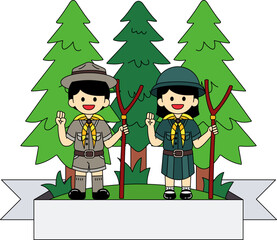 The logos of the Boy Scouts and Girl Scouts are standing in the forest