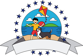 A boy and his dog are flying a kite on a beach