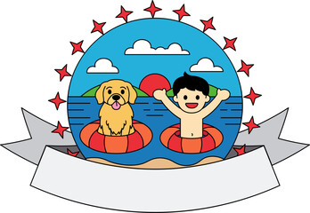 A boy and a dog are in the sea