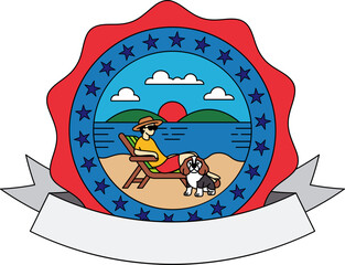 A man is relaxing on a beach with his dog