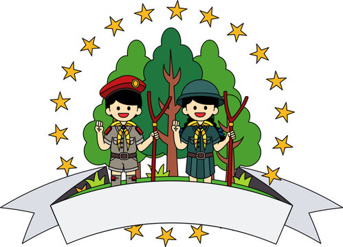 The Boy Scout and Girl Scout logos are in the forest