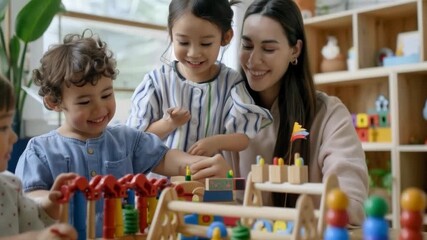 Three cheerful children and a caring woman collect colourful wooden toys, creating an atmosphere of children's creativity to be used as an atmospheric backdrop in advertisements for educational games.