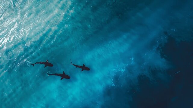 Aerial view of sharks swimming in the ocean, minimalist, blue tones, flat lay video.