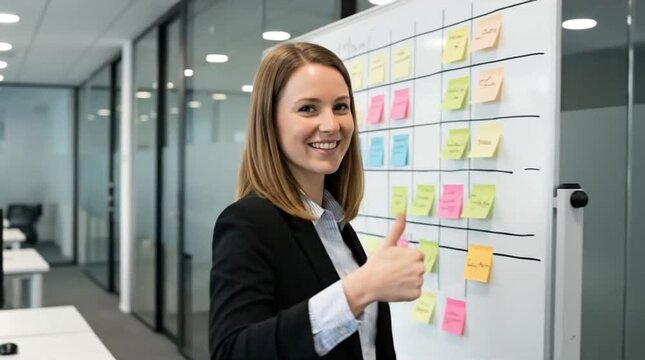 Smiling Young Businesswoman Gives Thumbs Up in Modern Office with Project Management Whiteboard