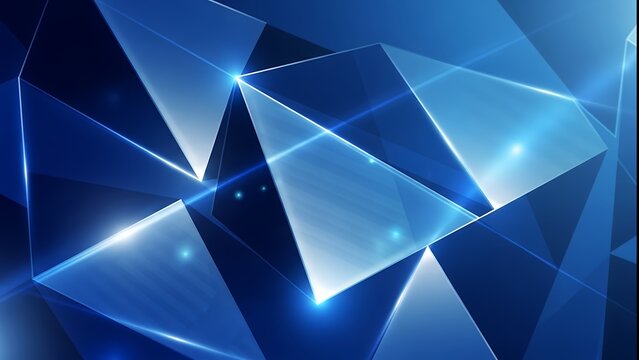 Abstract composition of glowing geometric crystal shapes in blue tones, stylized with sharp edges, shown on a dark background. Concept of digital innovation and tech
