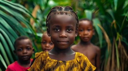 A girl with a joyful gaze and neat pigtails in nature emphasises the theme of childhood innocence, ideal as a background for social projects about child welfare.
