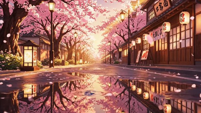 Anime style wallpaper of a serene japanese street in tokyo with pink cherry blossoms as background