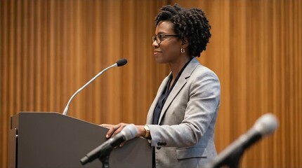 African American Woman Public Speaking at Podium, Delivering a Confident Presentation in a Professional Business Conference Setting