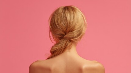 Fototapeta premium A blonde haired woman is shown from behind on a pink backdrop emphasizing skin health and raising awareness for skin cancer prevention