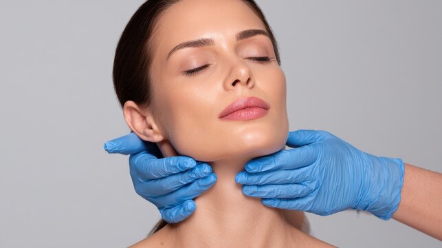 A cosmetologist administers fat burning injections to reduce a woman s double chin and sculpt her cheeks and neck in a beauty salon