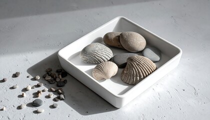 Seashells and Stones in a White Square Tray.