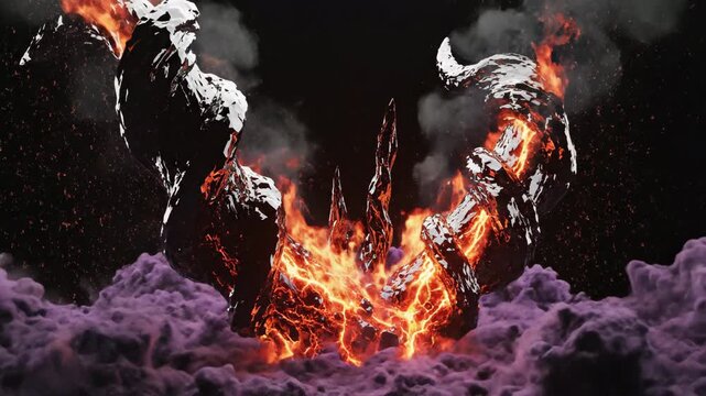Abstract animation of sharply twisted obsidian horns dynamically growing from an amorphous cloud of dark purple smoke and flowing internal fire element, internal, abstract