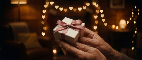 Close-up of hands holding a small white gift box with a pink ribbon, surrounded by warm, heart-shaped bokeh lights in a cozy indoor setting.