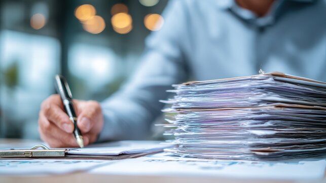 Accountant demonstrating office auditing document management and review process