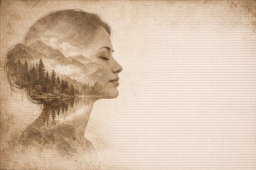 Serene mindful double exposure profile portrait