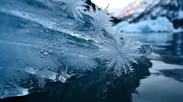 Abstract close-up footage revealing intricate jagged layers of clear blue ice and frost formations floating on the calm, dark waters of a secluded winter fjord conceptual, floating, macro