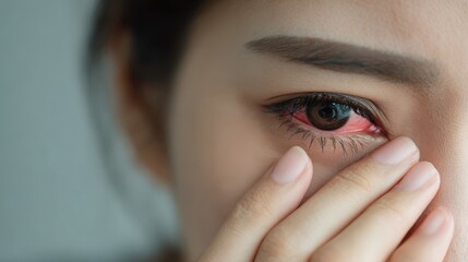Asian woman experiencing painful red and swollen eyes due to inflammation