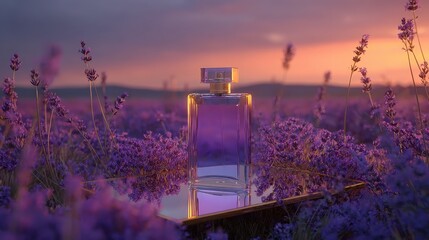 A bottle of perfume sitting on top of a field of lavender flower