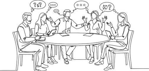 Obraz premium Line Art Vector Illustration of a Professional Business Team Engaged in a Collaborative Meeting, Discussing Ideas, Brainstorming, and Communicating Strategies